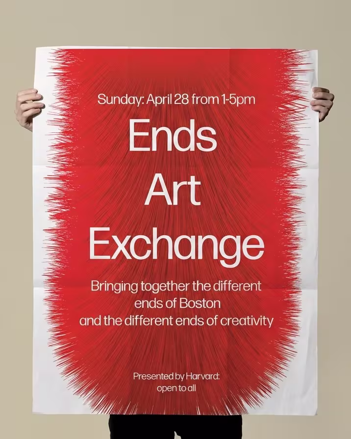 Hands holding the Ends Art Exchange poster: a red ink burst on white.
